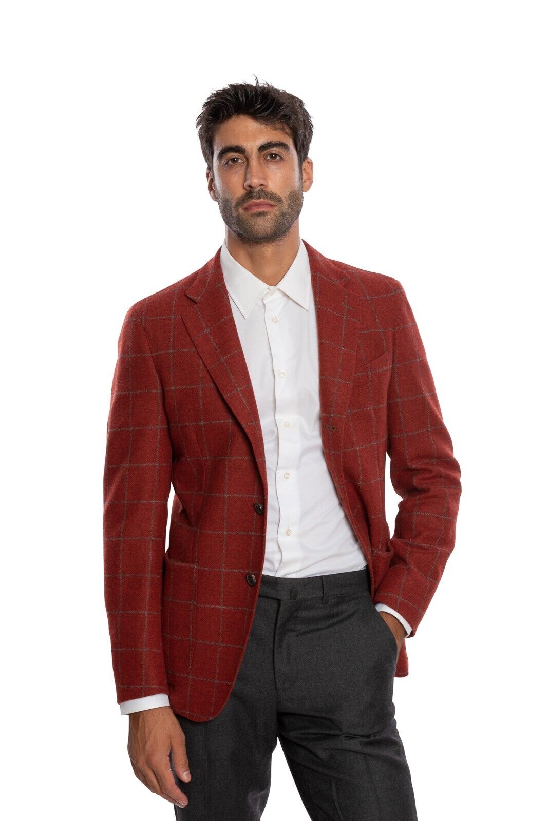 $1350 LUIGI BORRELLI "NISIDA" Venetian Red Plaid Jacket Sport Coat Wool Cashmere