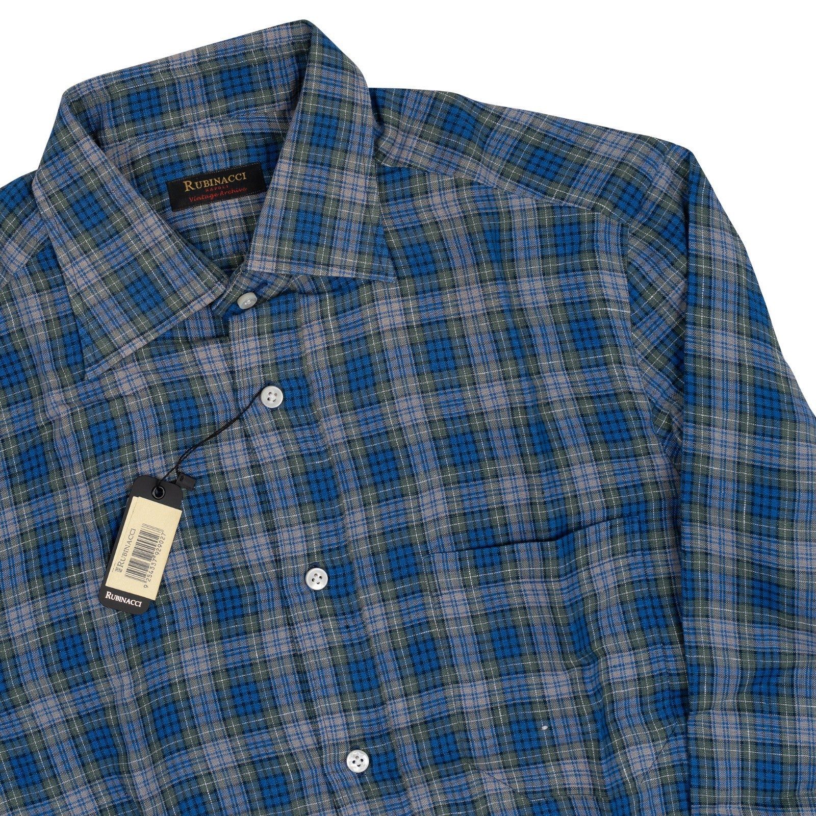 670$ RUBINACCI NAPOLI Vintage Archive Blue Checks Hand-Sewn Dress Shirt Linen 3W