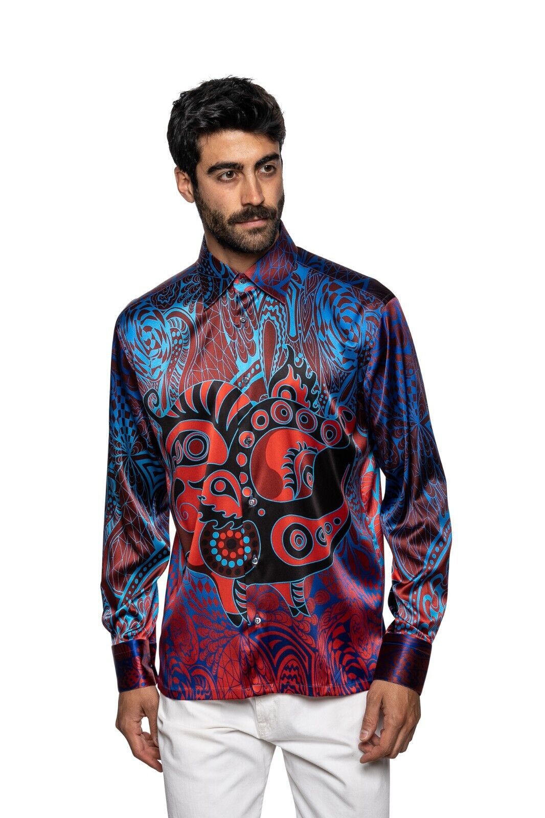 1400$ LUXURY ITALO FERRETTI Shirt Blue "ABSTRACT" 100% Satin COMO Silk L BIJAN