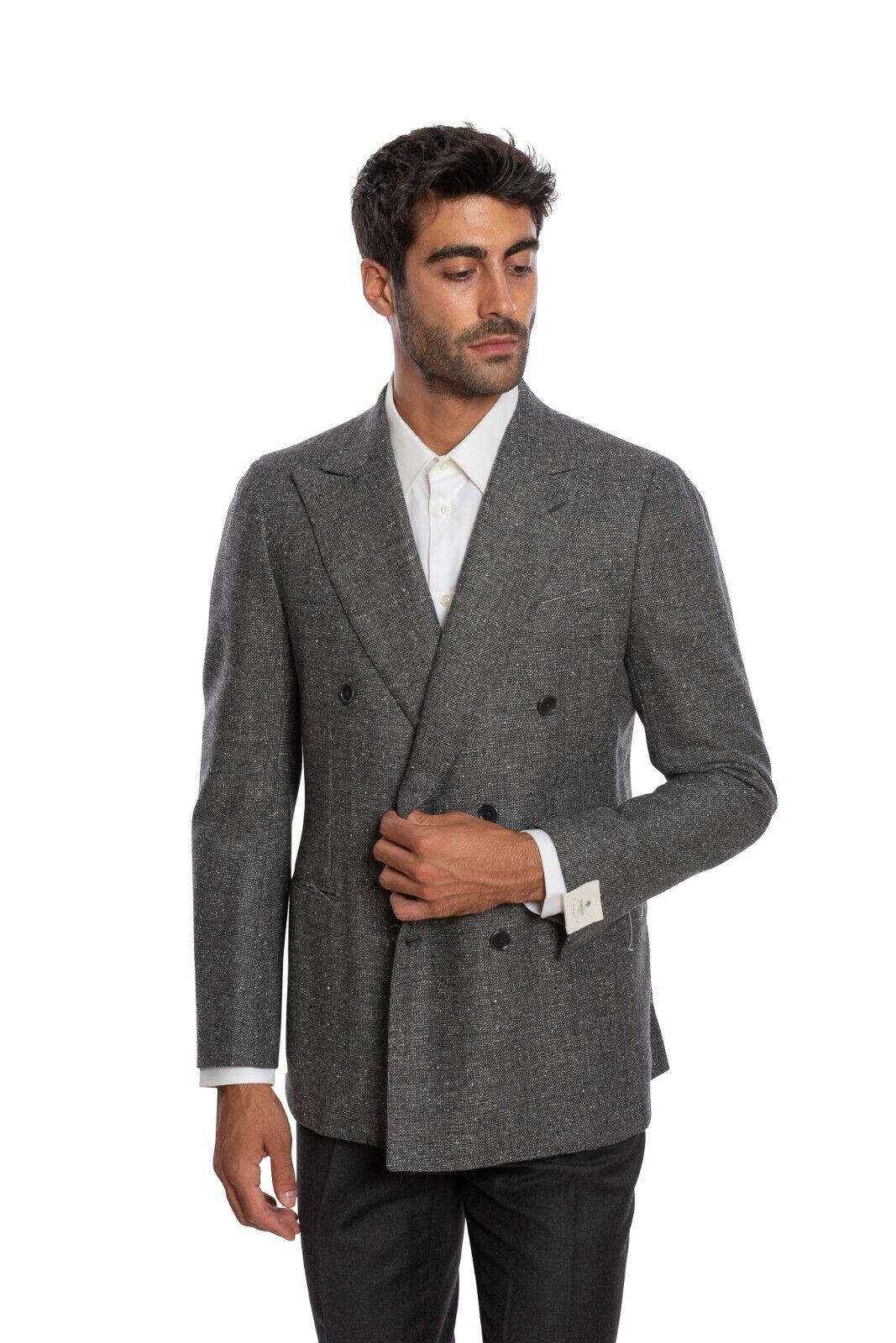 $2150 LUIGI BORRELLI "FIRENZE" HandSewn Gray Double Breasted Jacket Donegal Wool
