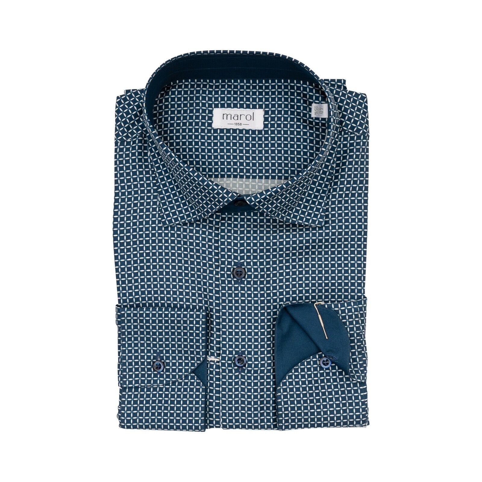 1400$ LUXURY MAROL BOLOGNA Geometric Shirt Blue 100% COMO SILK Satin  15.75 - 40