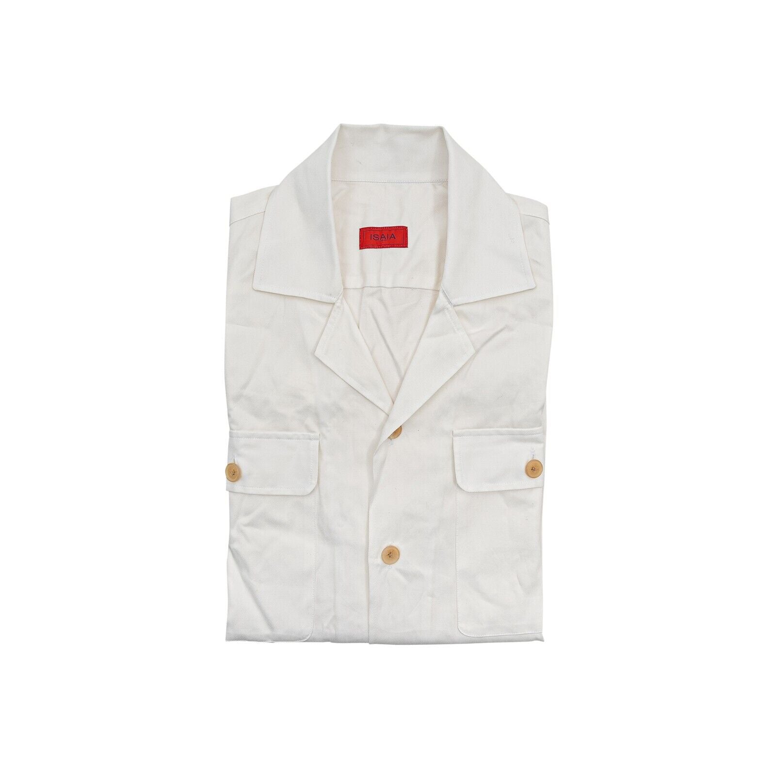 950$ ISAIA NAPOLI White Short Sleeve Safari Shirt Camp Collar Cotton 15.5 - 39
