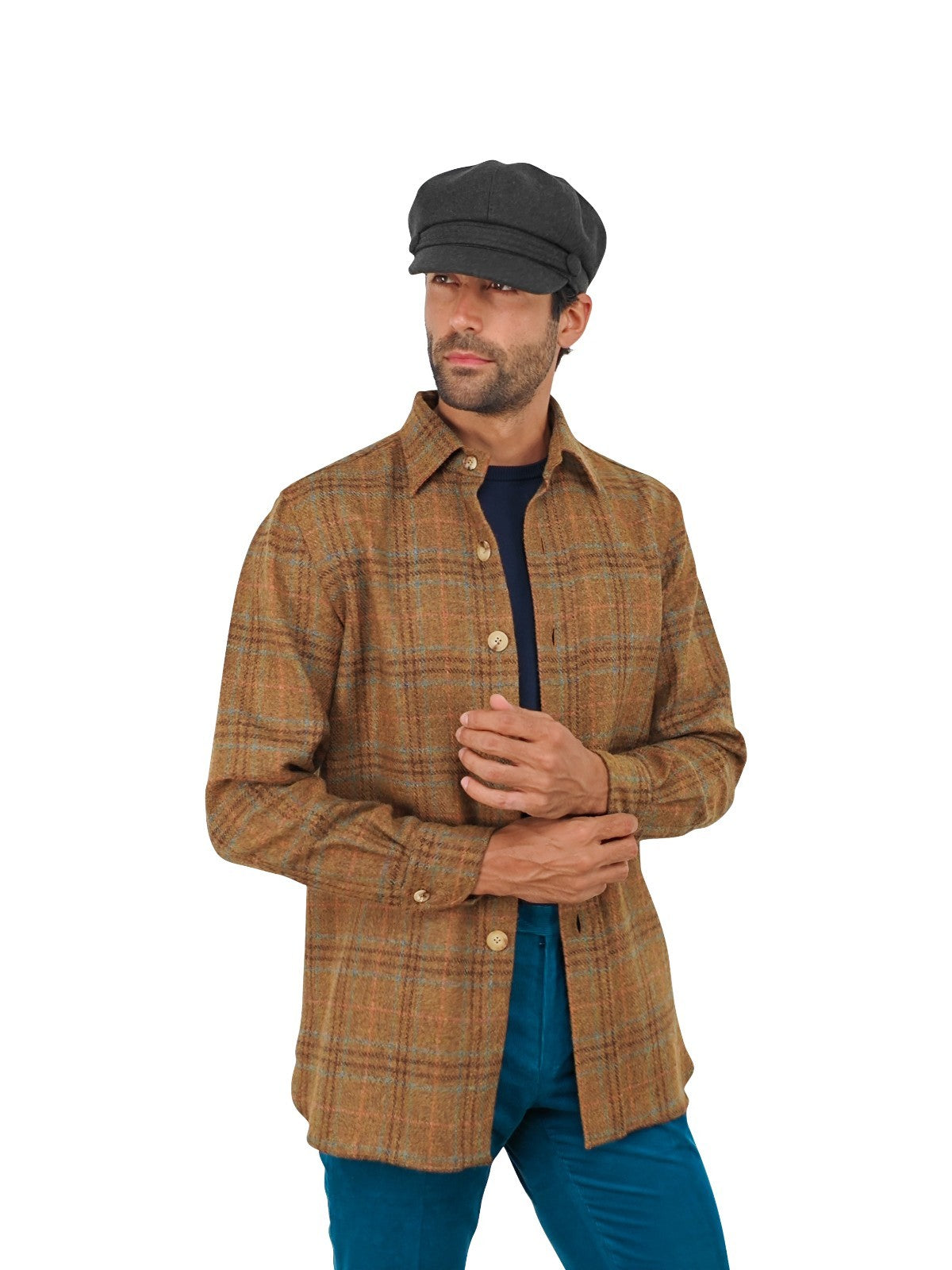 $950 RUBINACCI NAPOLI Brown Checks Overshirt Jacket Flannel Wool Size M
