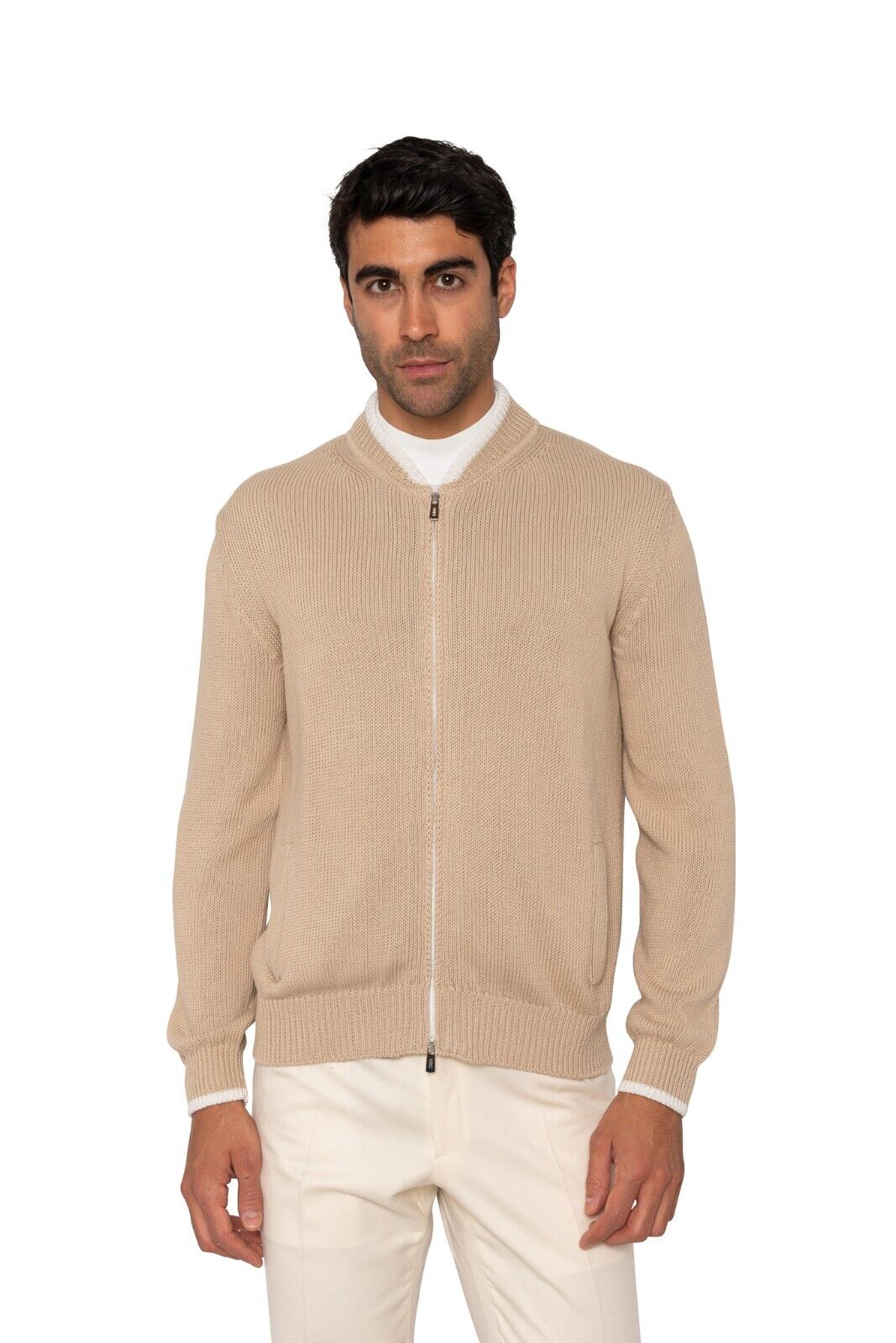 $1100 FEDELI CASHMERE Beige Cardigan Sweater Full Zip Cotton 40 US / 50 EU