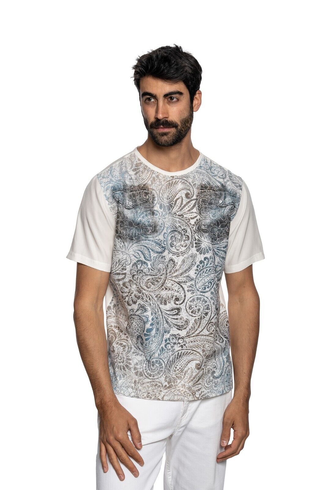 750$ ITALO FERRETTI T-Shirt White "JEWELS" 100% Silk + Strass Size L ZILLI