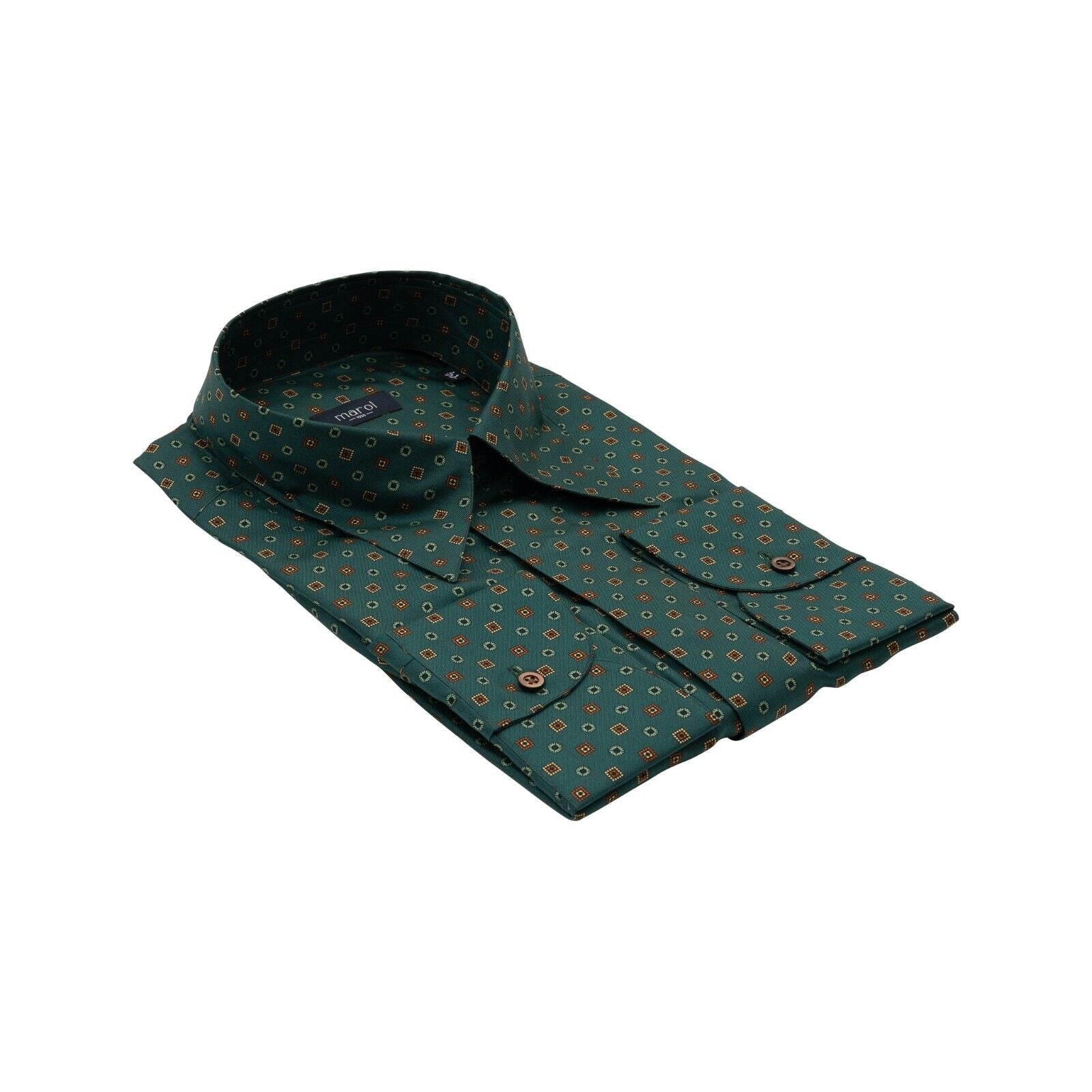 1400$ MAROL BOLOGNA Geometric Petroleum Green Shirt 100% COMO SILK Satin 16-41