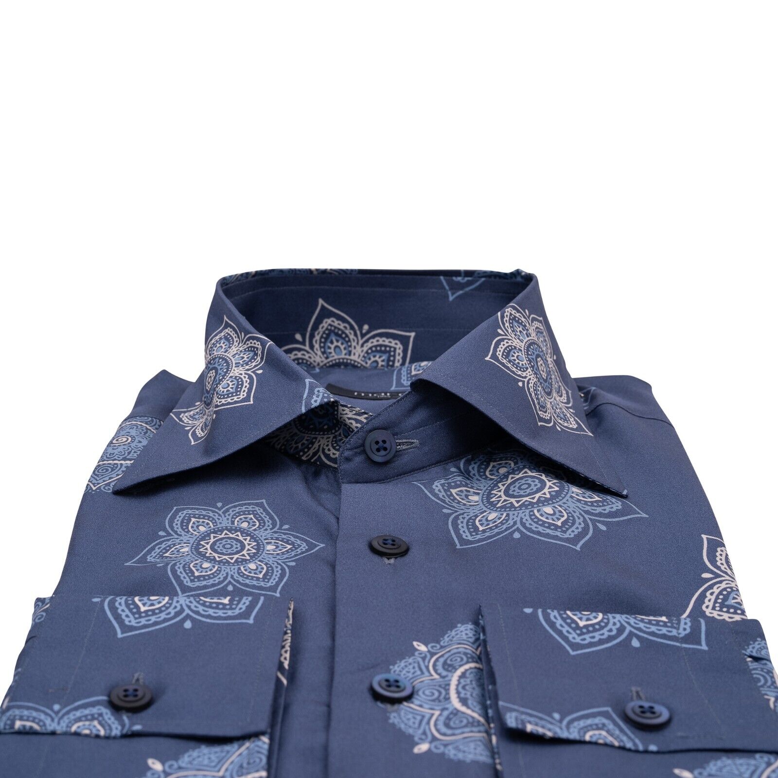 1400$ LUXURY MAROL BOLOGNA Floral Shirt Blue 100% COMO SILK Satin 15.5 - 39