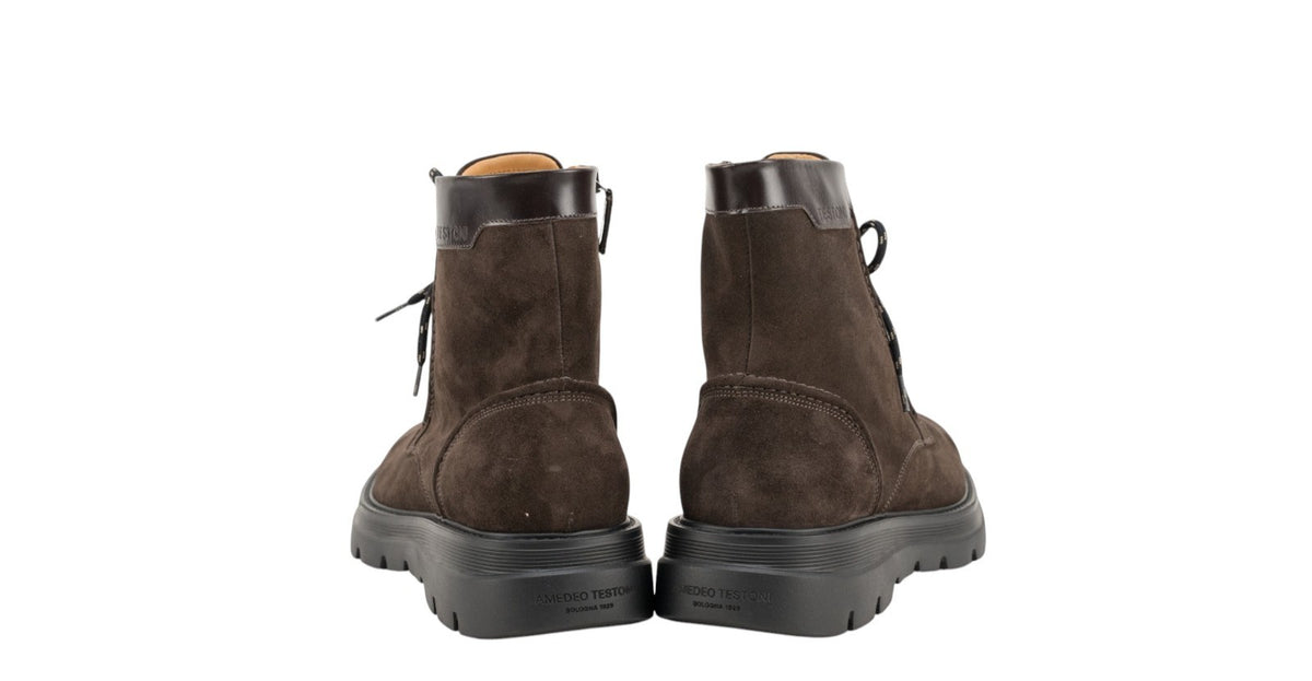 1550$ TESTONI Combat Boot Shoes Suede + Plain Calf Cigar 8 UK / 9 US / 42 IT