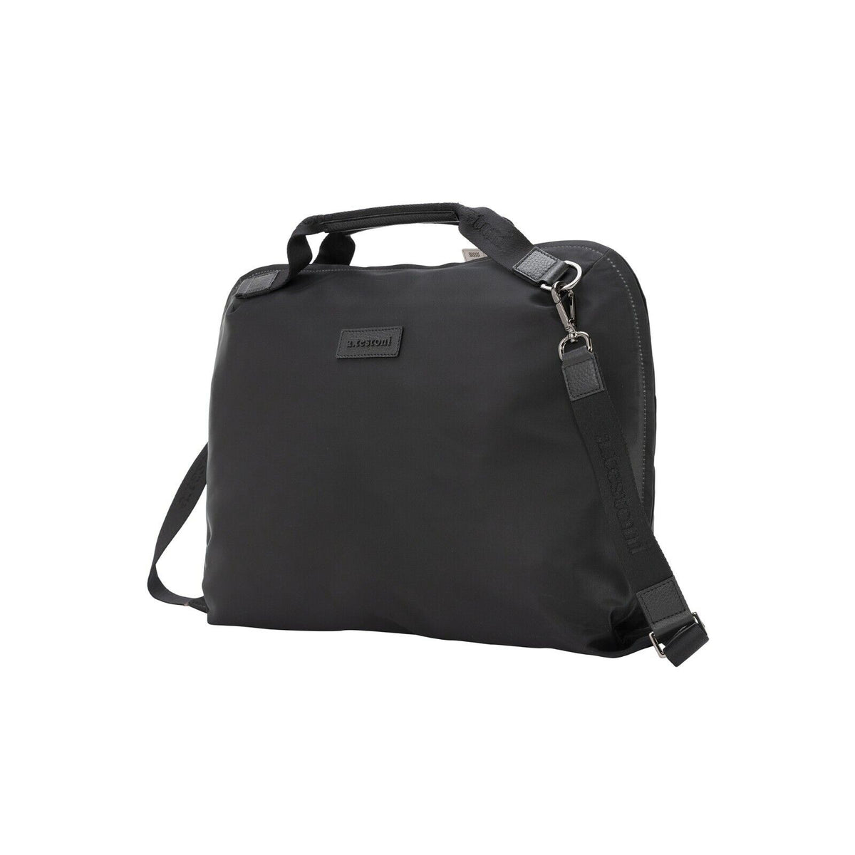 $650 Testoni Bologna Briefcase Bag Fabric + Karibu Calf Black + Shoulder Strap