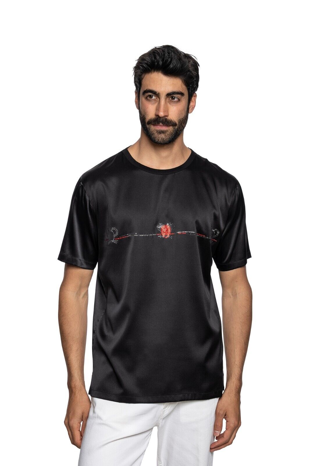 750$ LUXURY FABIO CAVIGLIA T-Shirt "MOUSE STRASS" 100% Silk COMO STRETCH Size L