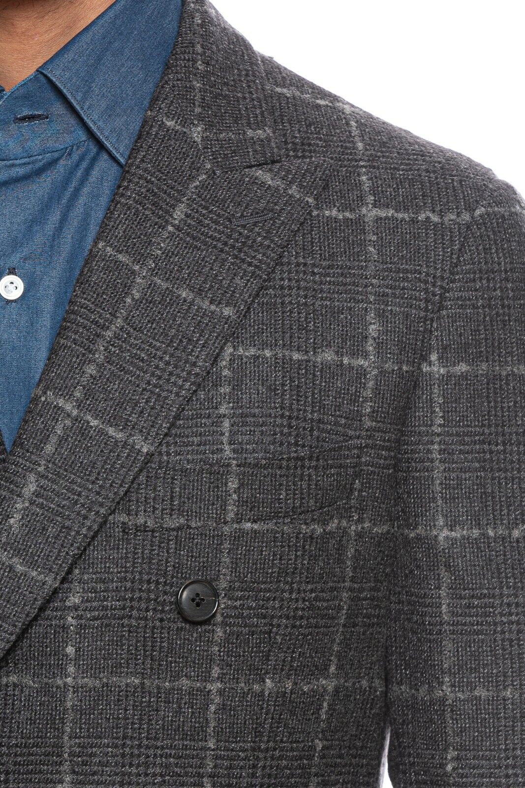 $2390 BELVEST Gray Flannel Wool Windowpane Jacket Double Breasted 39 US 49 EU 9R