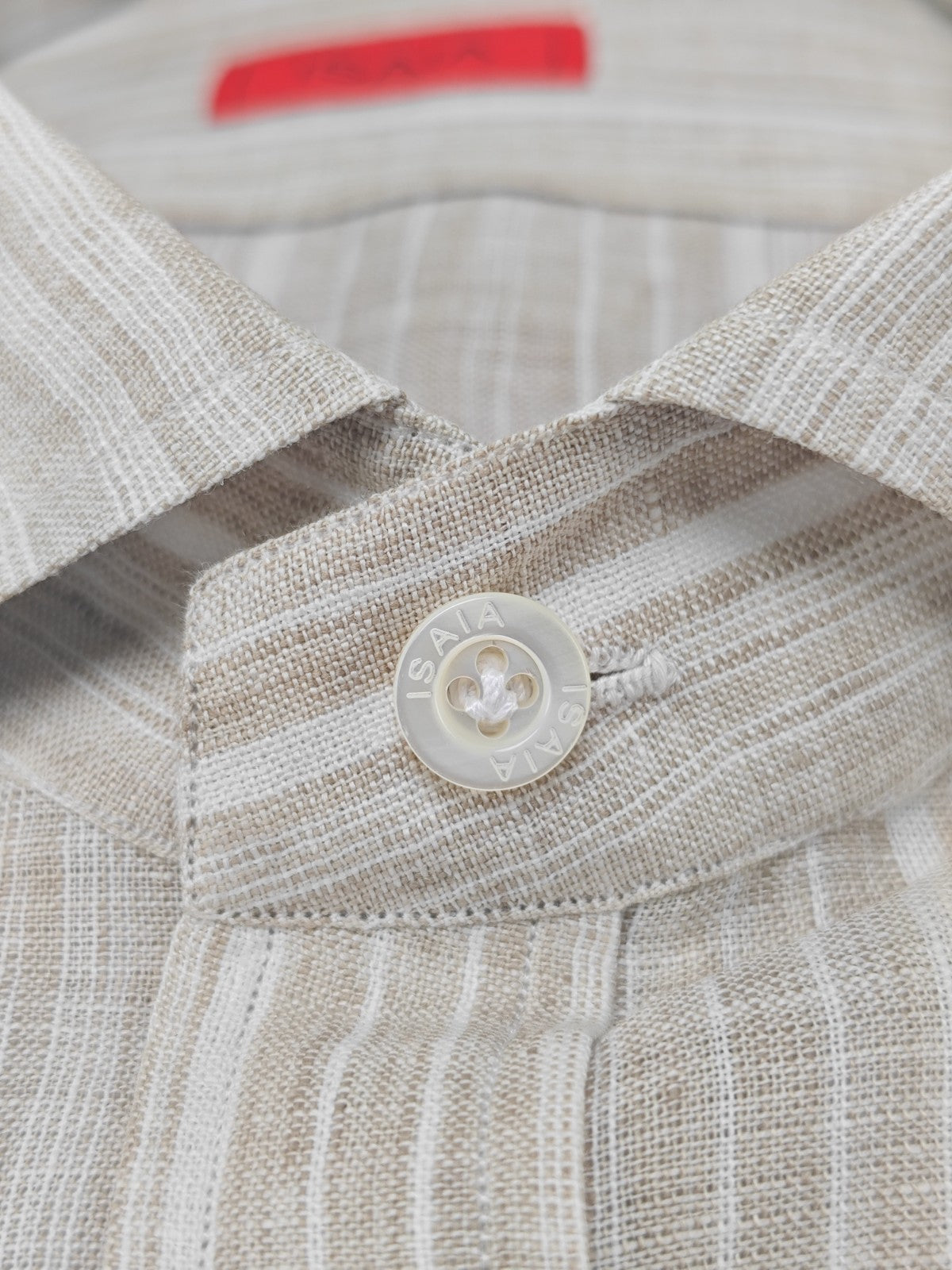 765$ ISAIA NAPOLI "Mix" Beige Dress Shirt Striped Hand-Sewn 100% Linen 16 - 41