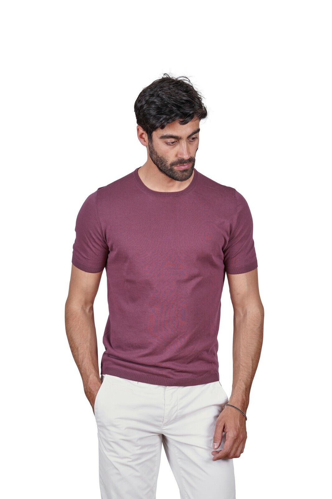 230$ Italian Luxury Knitwear GRAN SASSO Knit T-Shirt Sweater Fine Cotton Wine