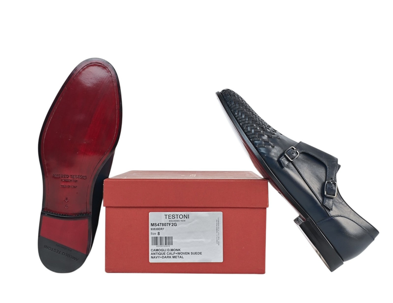 1250$ TESTONI Camogli Double Monk Shoes Woven Antique Calf Navy 8 UK 9 US 42 IT