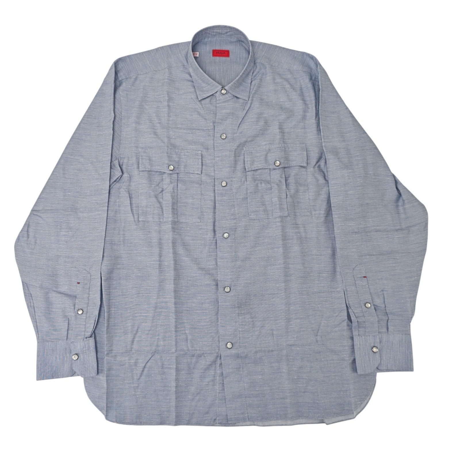 875$ ISAIA NAPOLI Blue Casual Western Shirt Pockets Hand-Sewn Cotton - Silk
