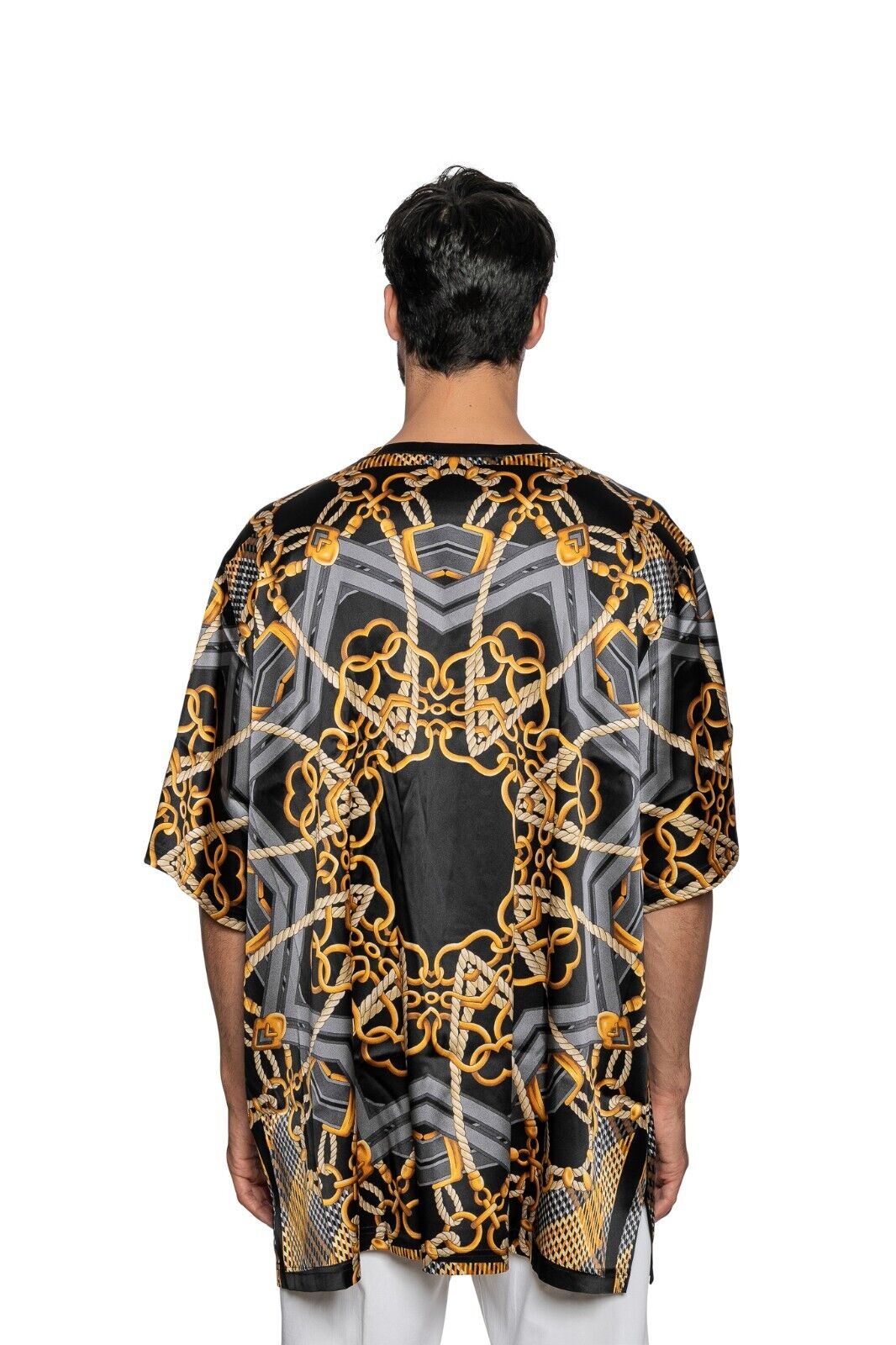 750$ FABIO CAVIGLIA T-Shirt "TUNIC" Black Chains 100% Silk COMO STRETCH Sz XXL