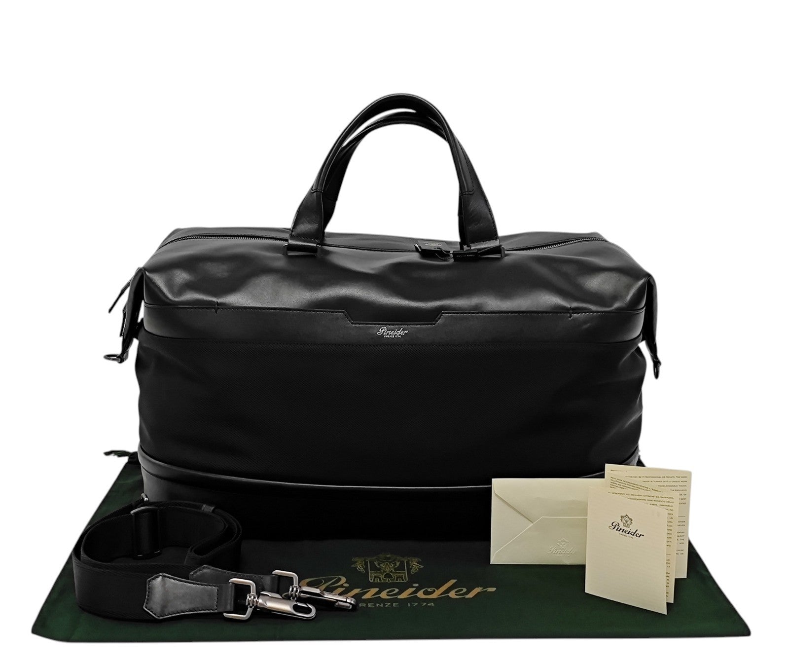 1300$ PINEIDER FIRENZE 1774 Leather & Nylon Shoulder Travel Duffle Bag Black
