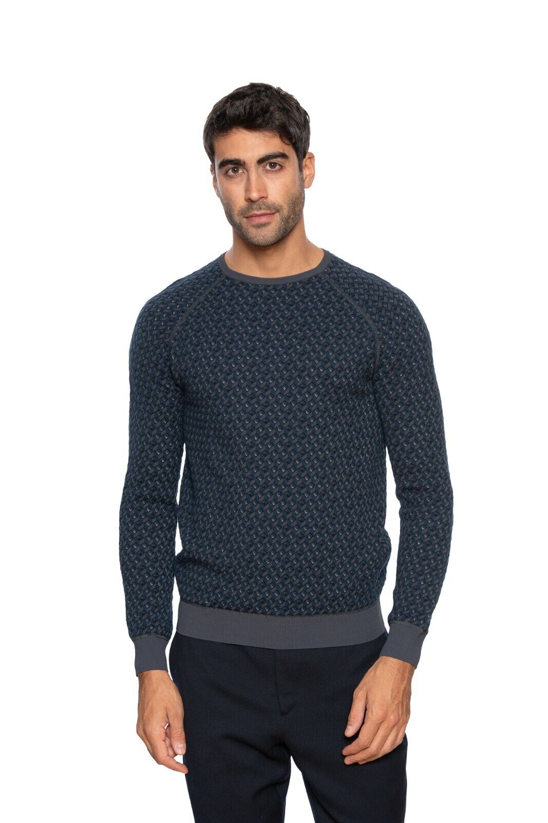 980$ GIORGIO ARMANI Sweater Virgin Wool Jacquard 3D Blue 38 US / 48 EU