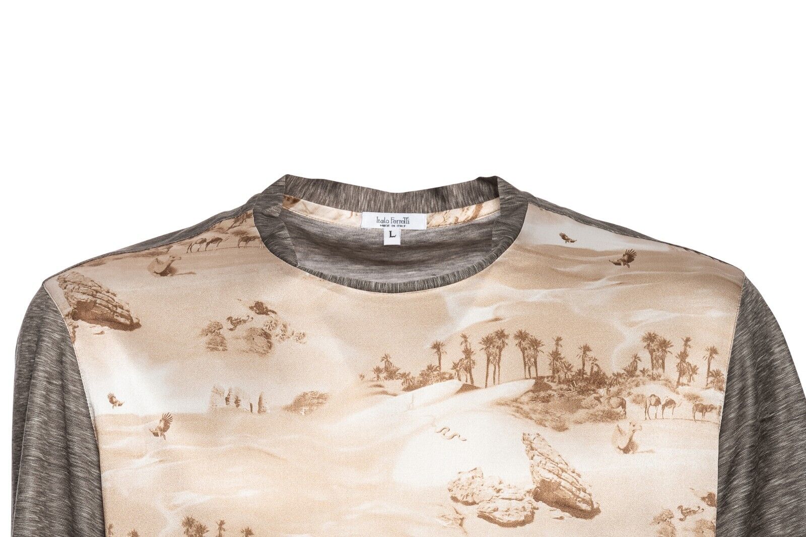 750$ ITALO FERRETTI T-Shirt Gray + Sand "SAHARA" 100% Silk COMO Size L ZILLI