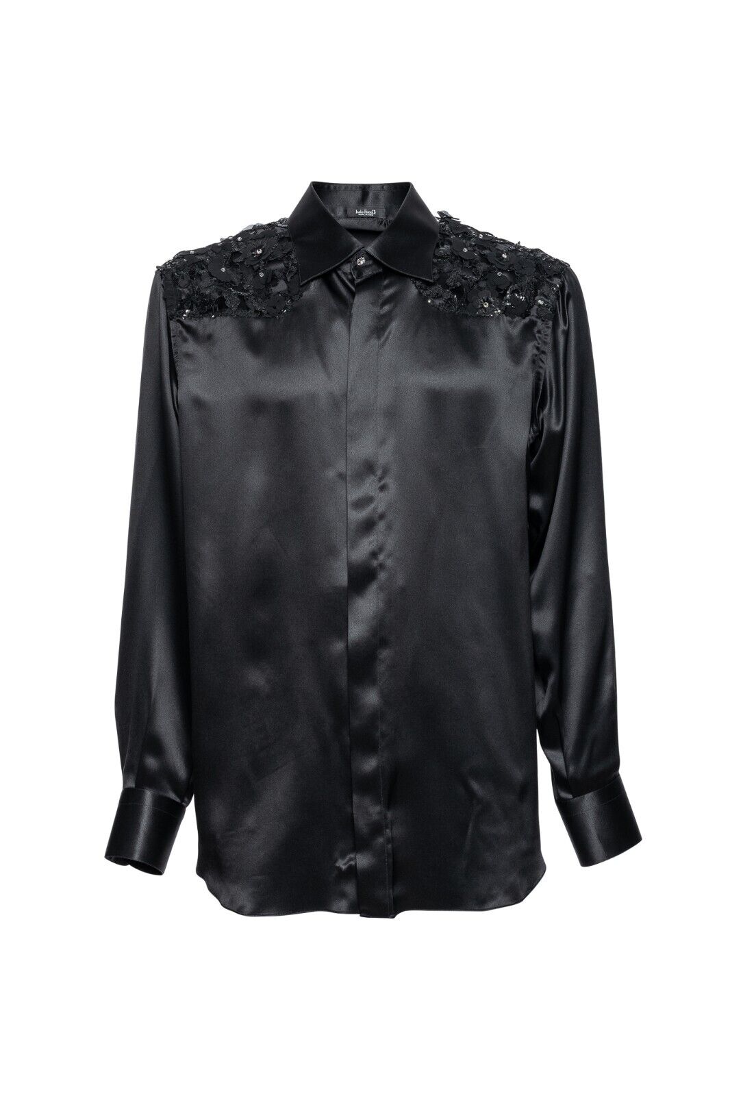 1600$ ITALO FERRETTI " FLOWER EMBROIDERED " Shirt Black 100% Silk 16 - 41 BIJAN
