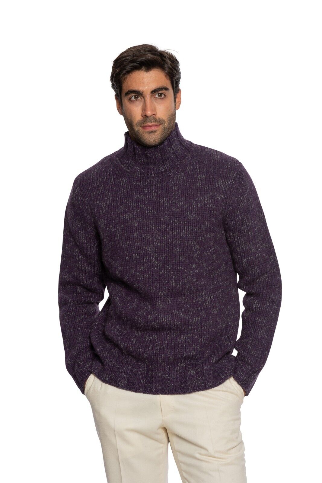 $1500 FEDELI CASHMERE Purple Sweater Thick Mouline Ribbed 100% Cashmere Mockneck