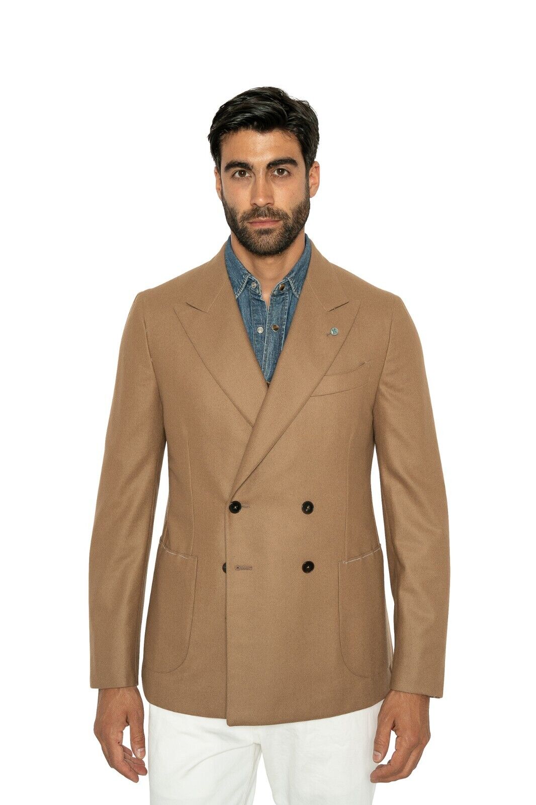 $1500 EIDOS by ISAIA NAPOLI Camel Double Breasted Jacket Sport Coat Wool Twill