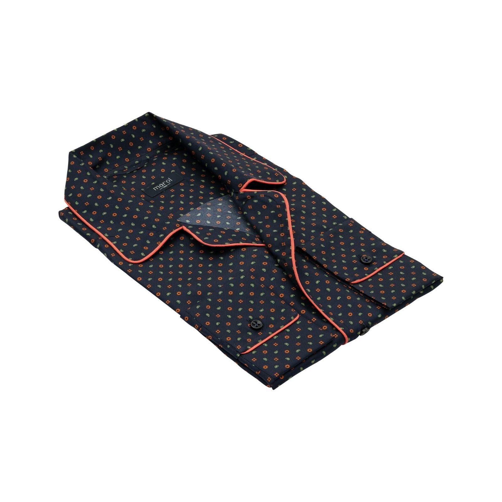 1400$ LUXURY MAROL BOLOGNA Camp Collar Shirt Blue Navy Floral 100% COMO SILK