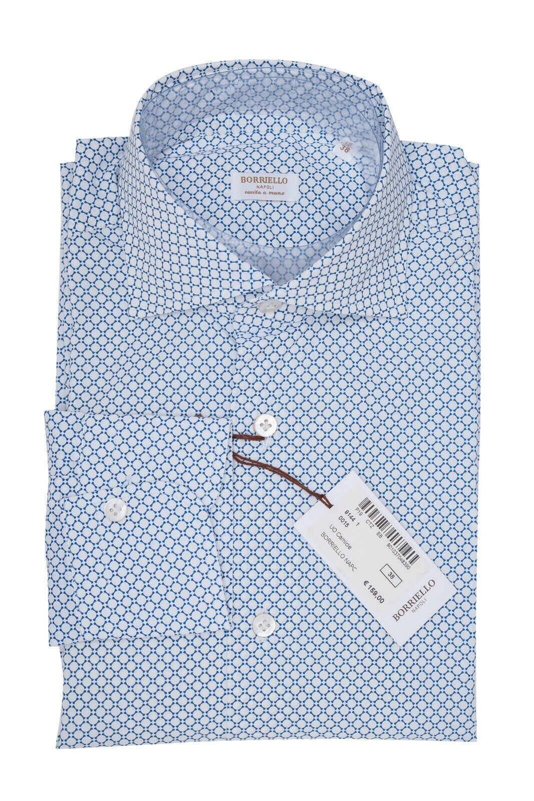 $220 BORRIELLO NAPOLI White Geometric Shirt Cotton Hand-Sewn Slim Fit 15 - 38