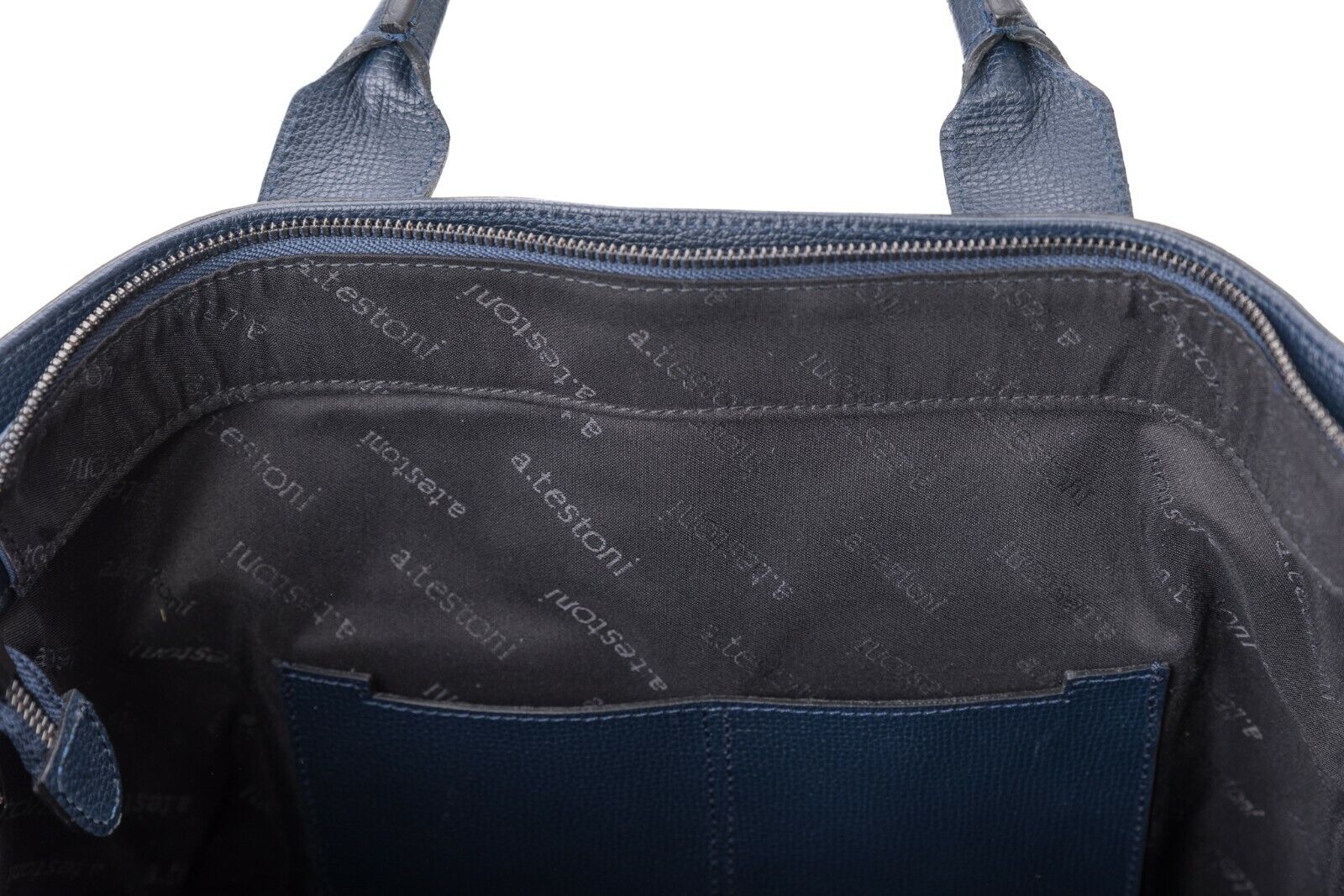 $1340 Testoni Bologna Shopping Bag with Studs Blue Karibu Calf + Fabric