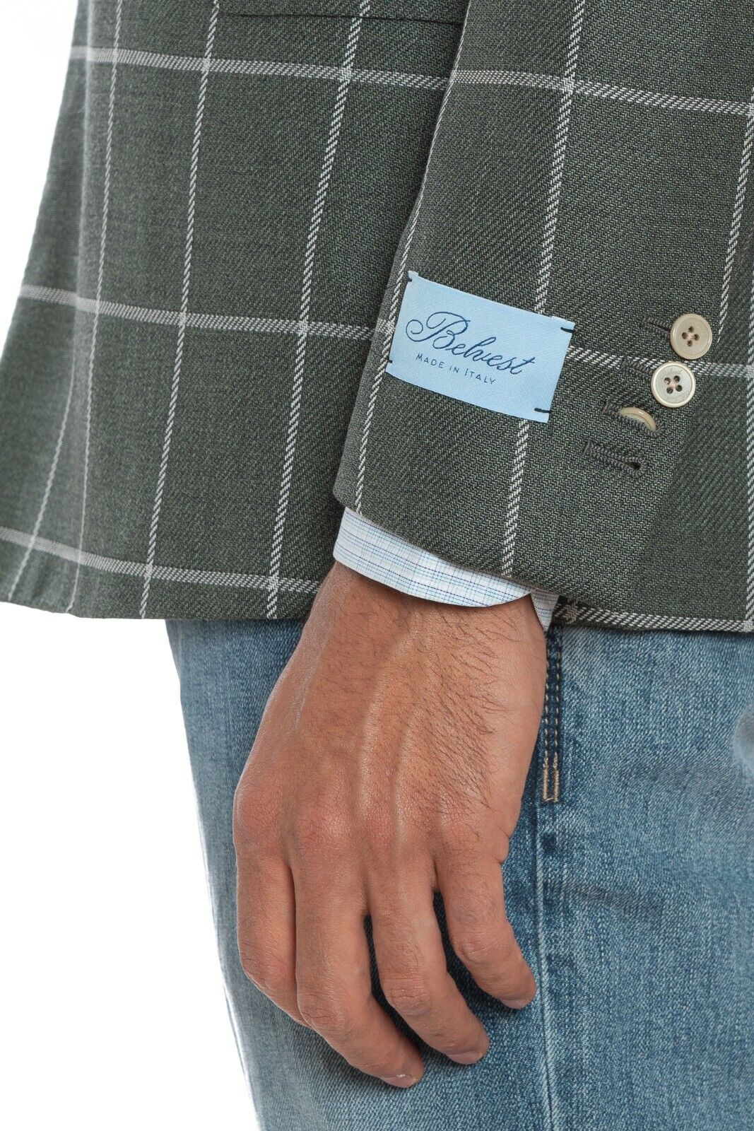 2200$ BELVEST Sartorial Double Breasted Jacket Green Check Wool Super Slim Fit
