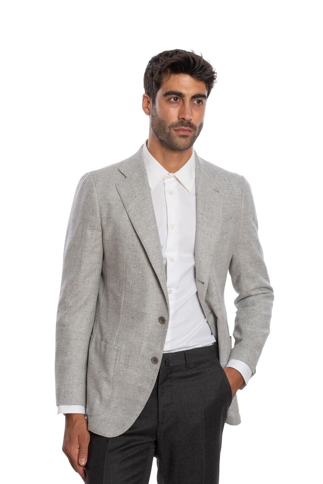 $2050 LUIGI BORRELLI "FIRENZE" Hand-Sewn Light Gray Jacket Donegal Wool