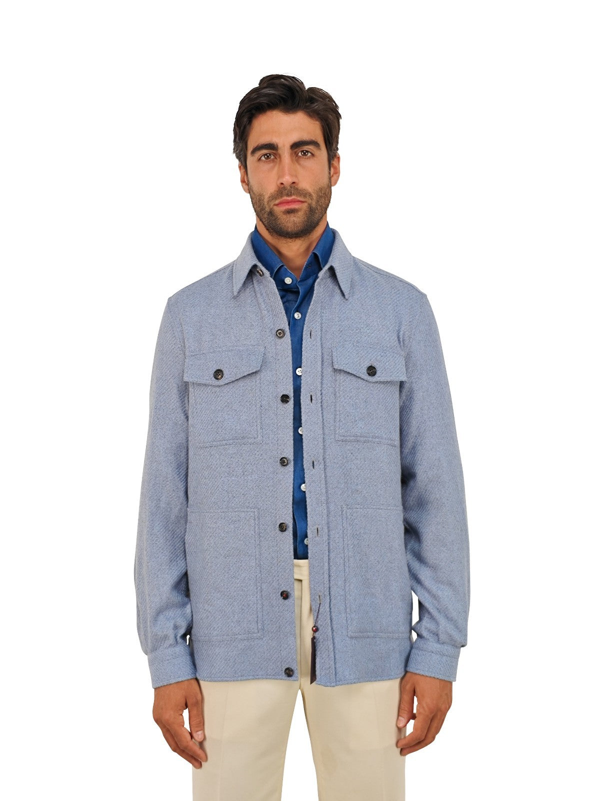 $3400 ISAIA NAPOLI Blue Hand-Sewn Knit Overshirt Jacket 100% Cashmere Size L