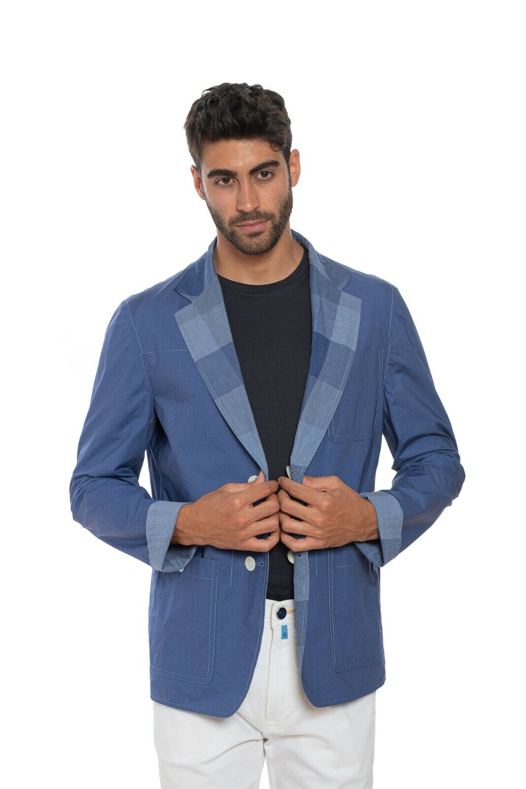 1450$ BELVEST Jacket Solid / Checks Blue Violet Reversible Cotton Linen Ramiè