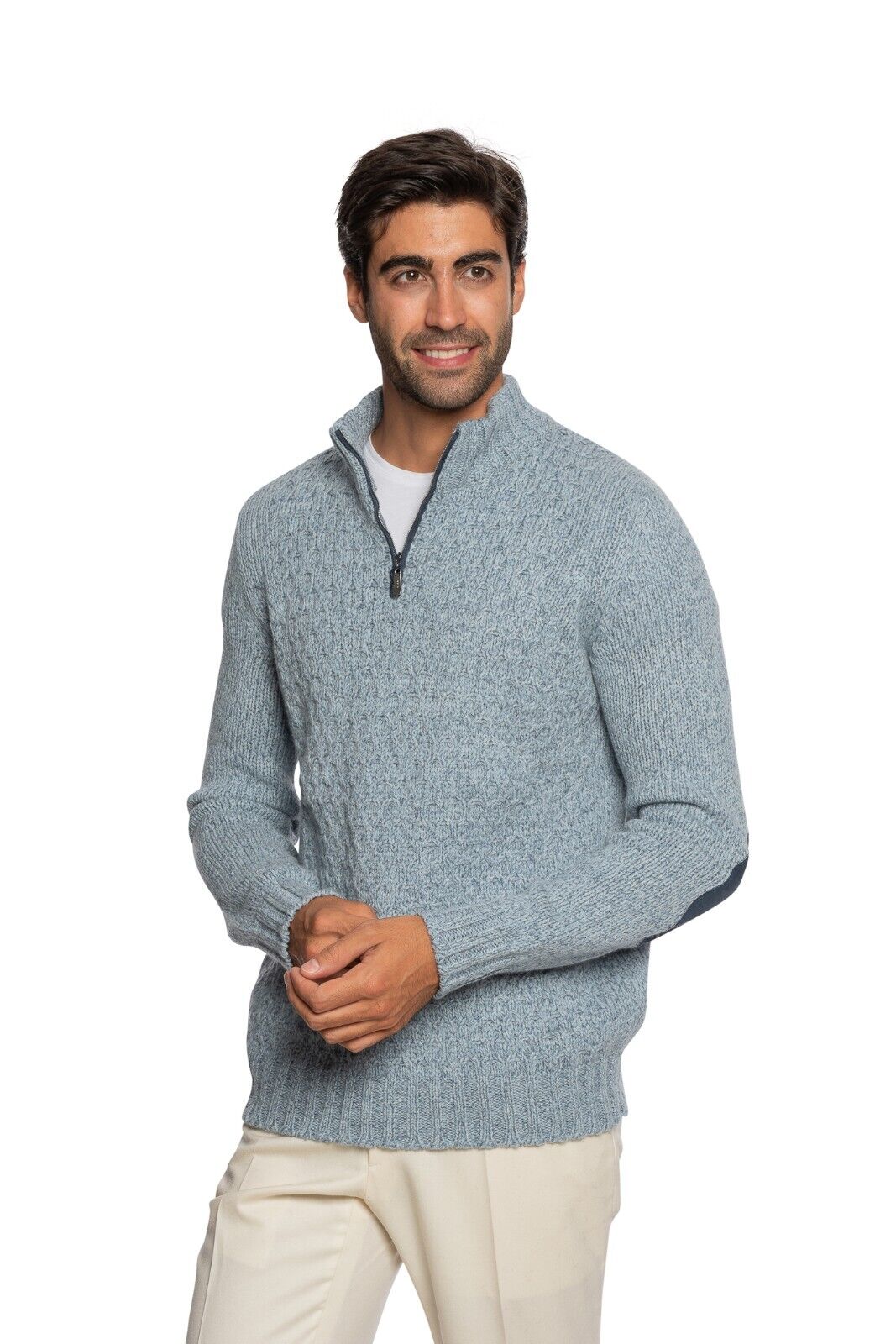$1400 FEDELI CASHMERE Sweater Half Zip Cable 100% Cashmere + Suede 40 US / 50 EU