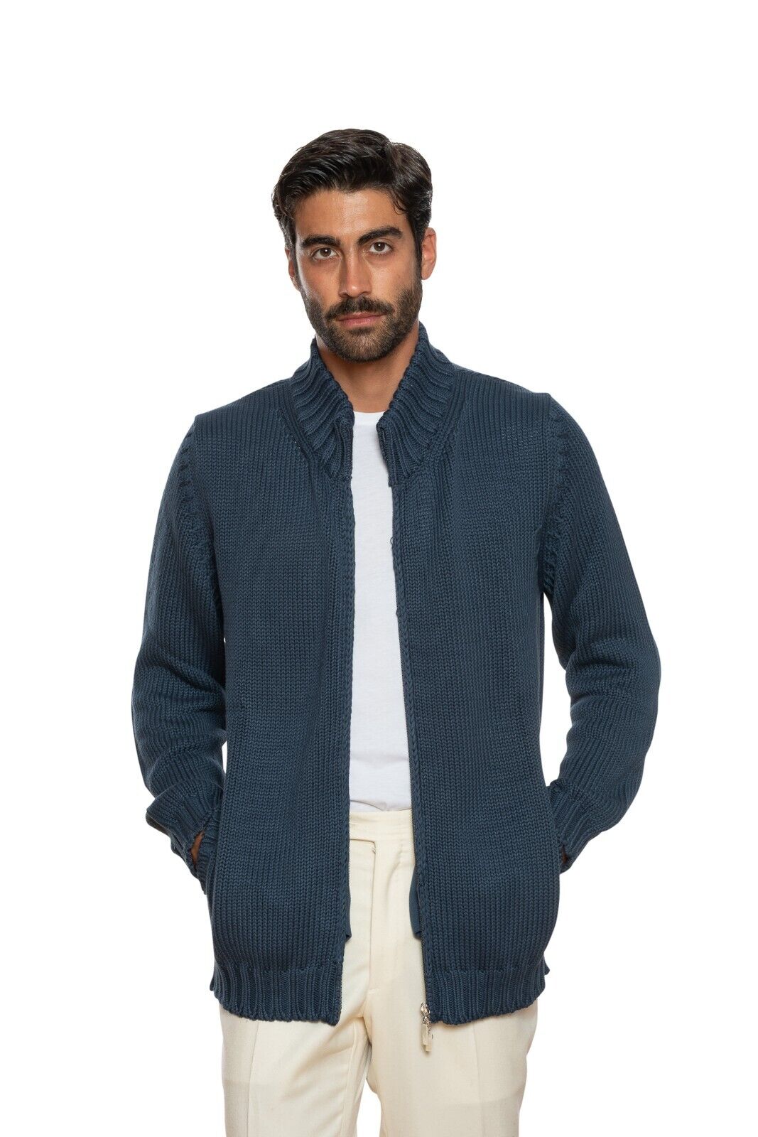 550$ DELLA CIANA CASHMERE Thick Bomber Cardigan Cable Knit Heavy Cotton Dark Blu