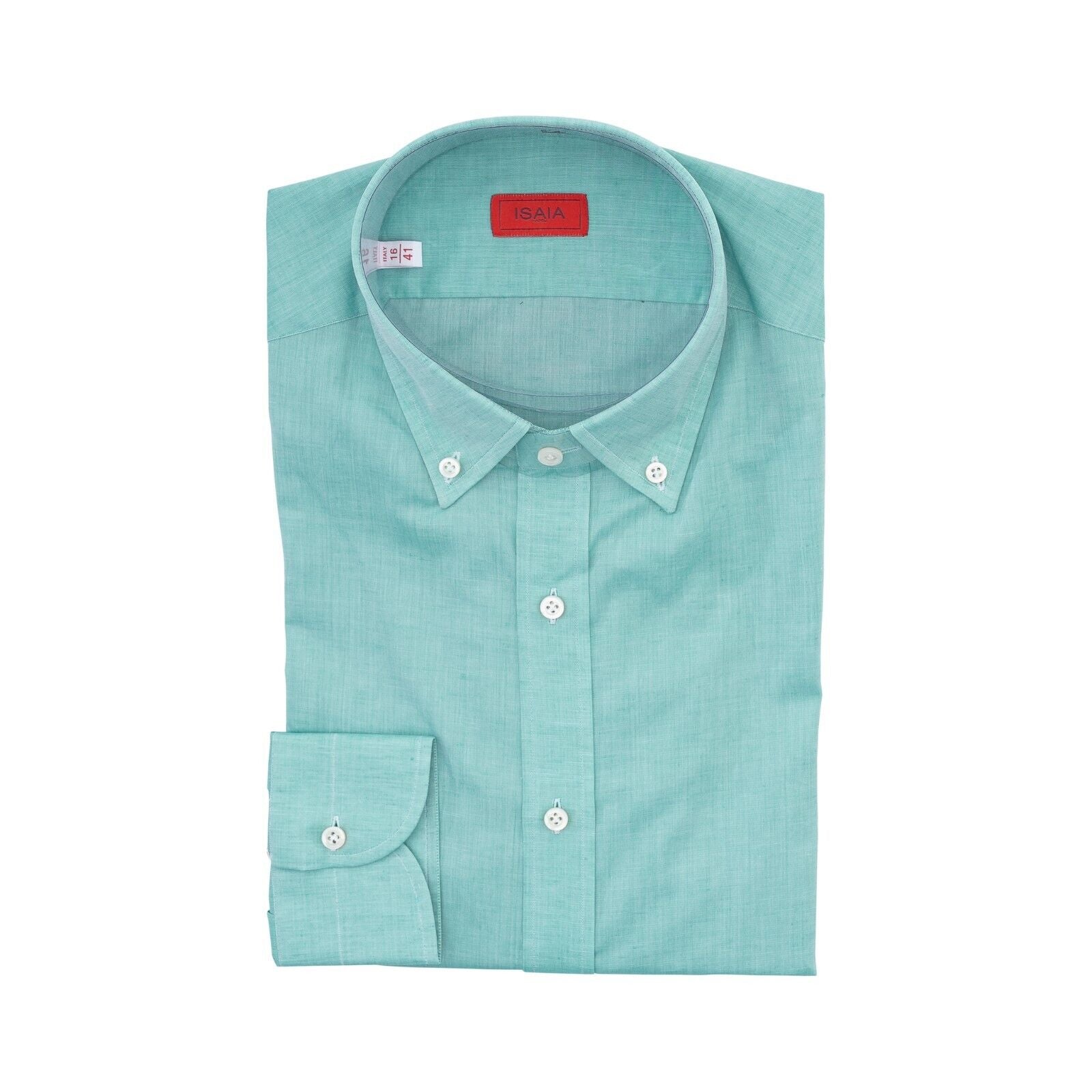 690$ ISAIA NAPOLI Aquamarine Hand-Sewn Button Down Shirt Cotton / Linen 16 - 41