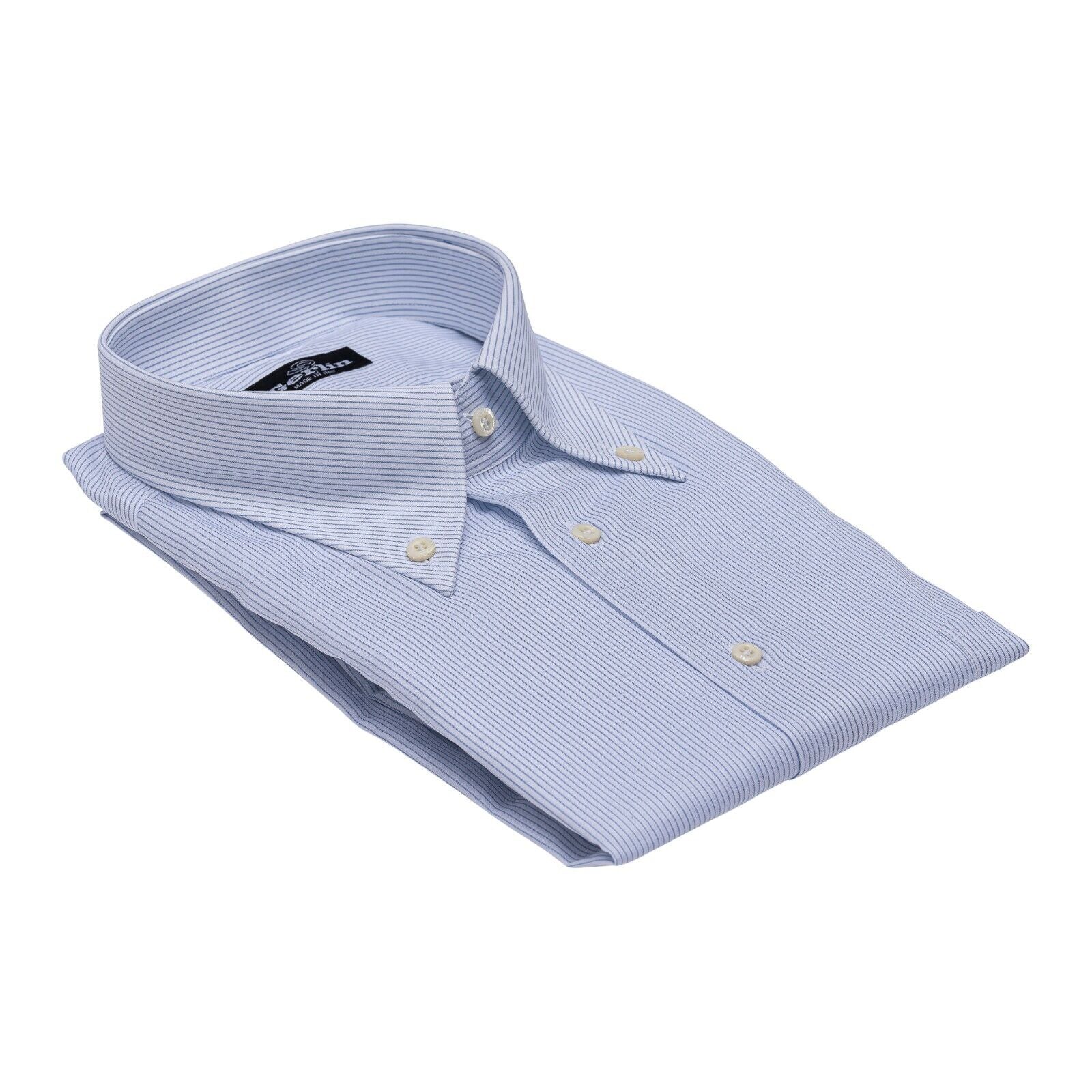 690$ LUXURY GERLIN Shirt POINT Striped White - Blue Cotton  3S ZILLI