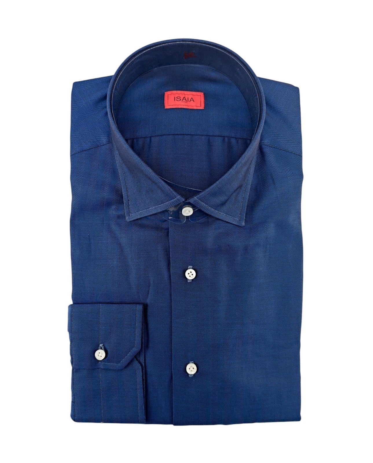 780$ ISAIA Dress Shirt Medium Blue Herringbone Lightwheight Cotton 17.5 - 44