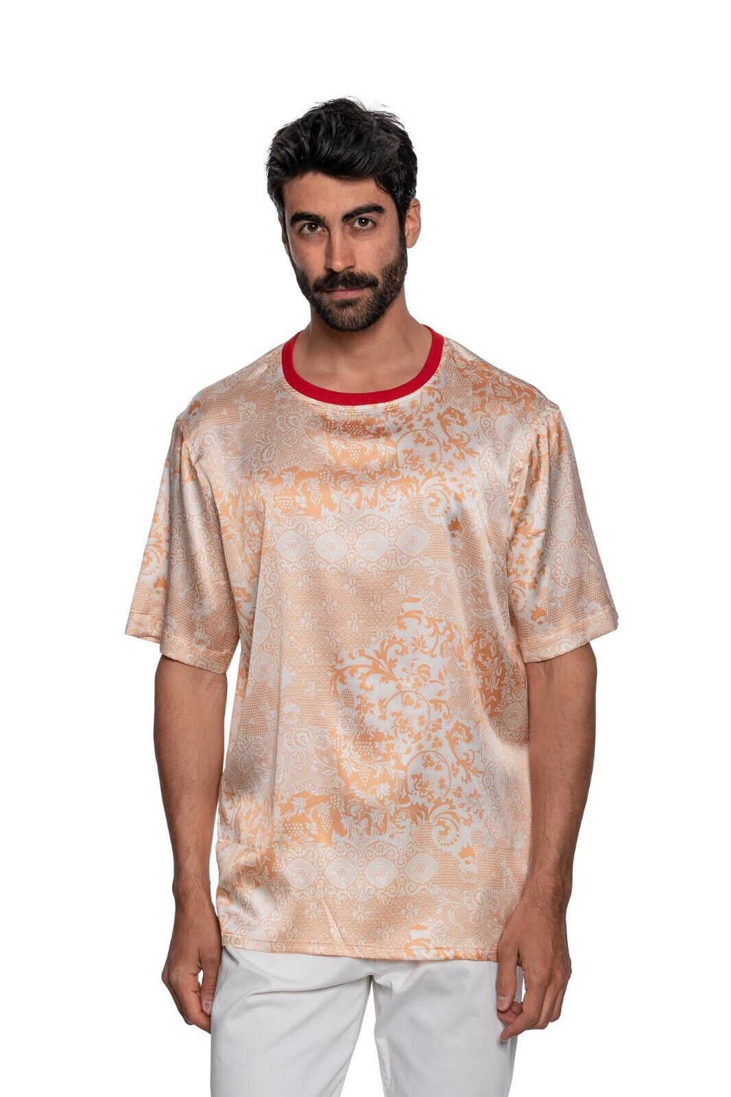 750$ ITALO FERRETTI T-Shirt "DAMASK" Rust 100% Silk COMO Size XXL BIJAN