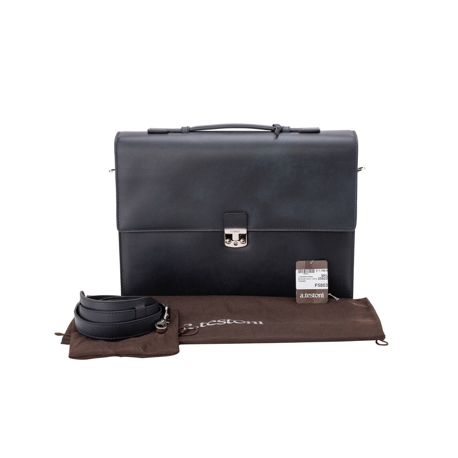 $1390 Testoni Bologna Briefcase PC Case Luxury Black TAMPONATO Calf