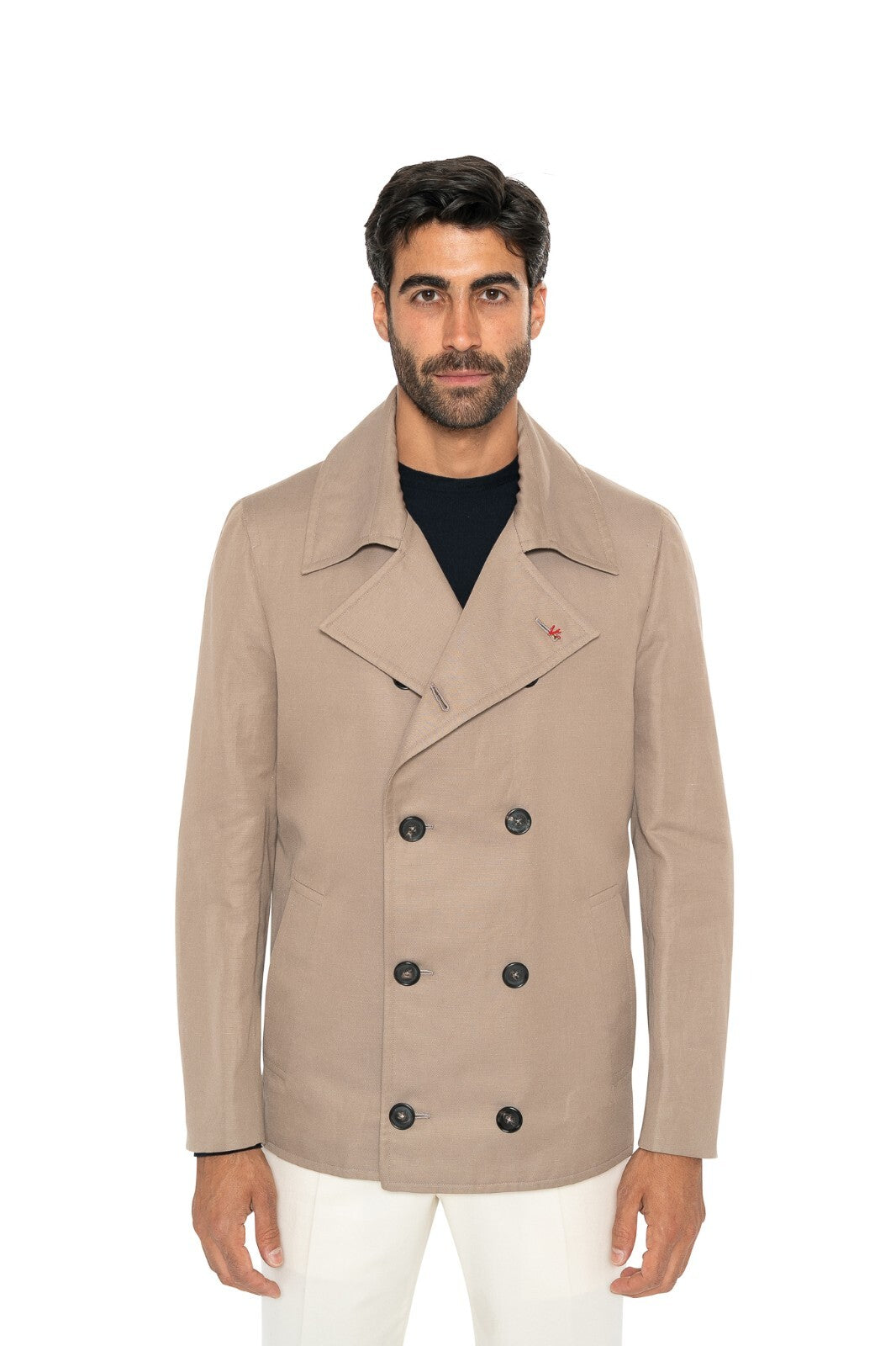 $3800 ISAIA NAPOLI Beige Handmade Caban Peacoat Coat Cotton / Linen 38 US  48 EU
