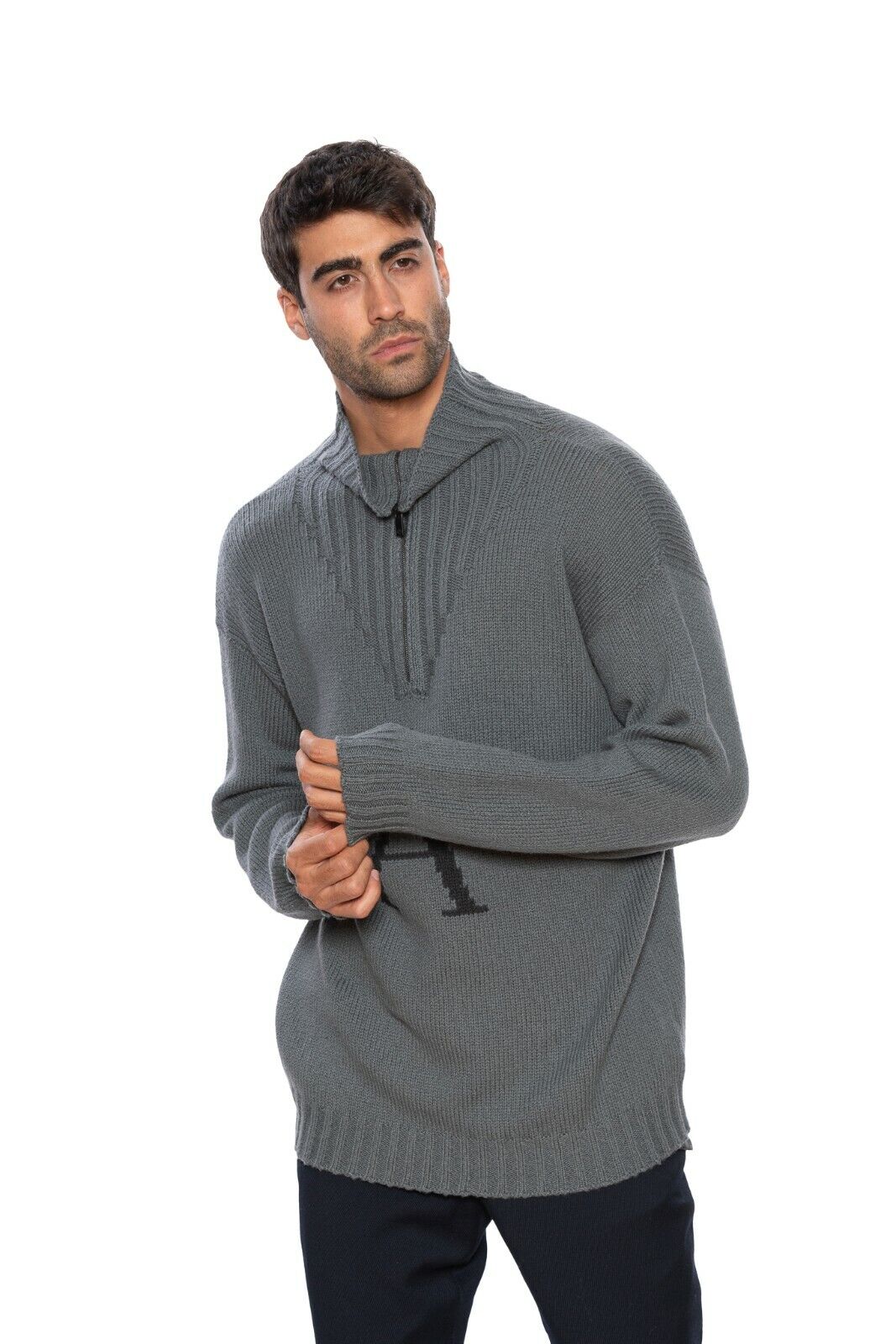 1350$ GIORGIO ARMANI Pullover Sweater with Zip Wool Gray 38 US / 48 EU OVER FIT