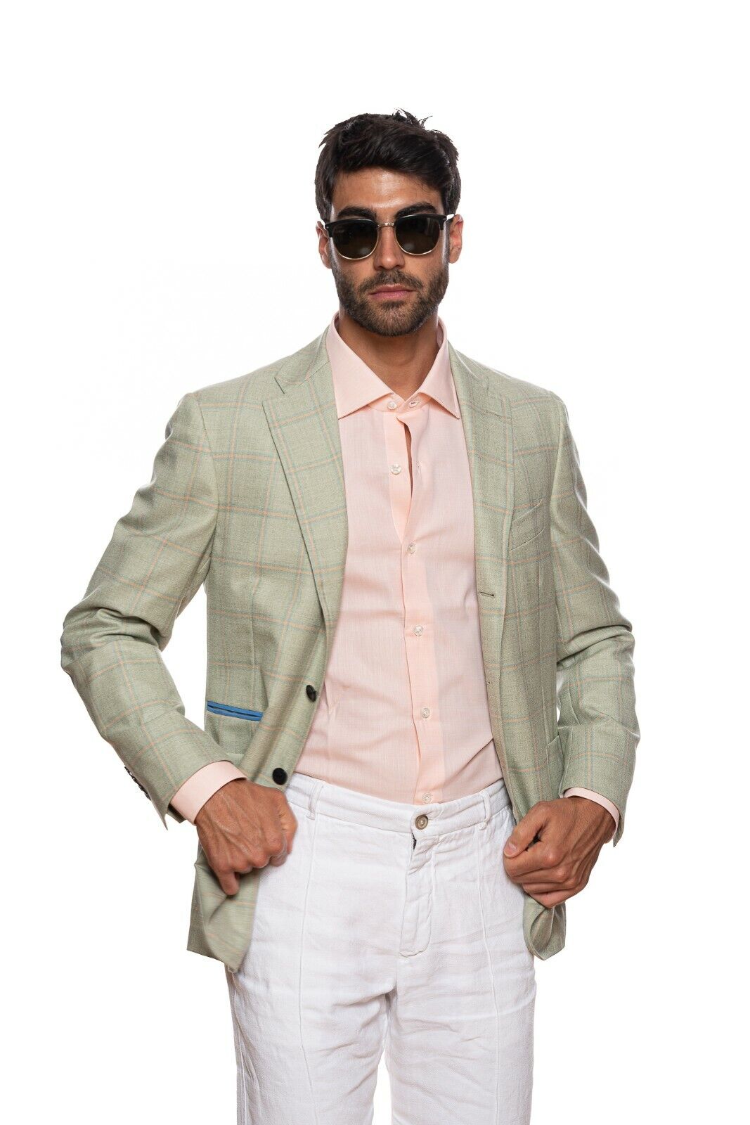 2550$ BELVEST Windowpane Jacket Cashmere Checks Light Green 46 US / 56 EU 7 R