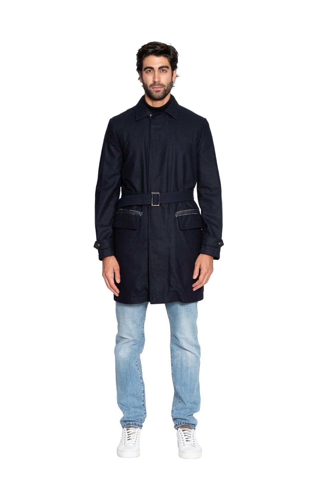 950$ MI.DA TOKYO-FIRENZE Trench Coat Blue Navy Wool Lining in CASHPAD (Cashmere)