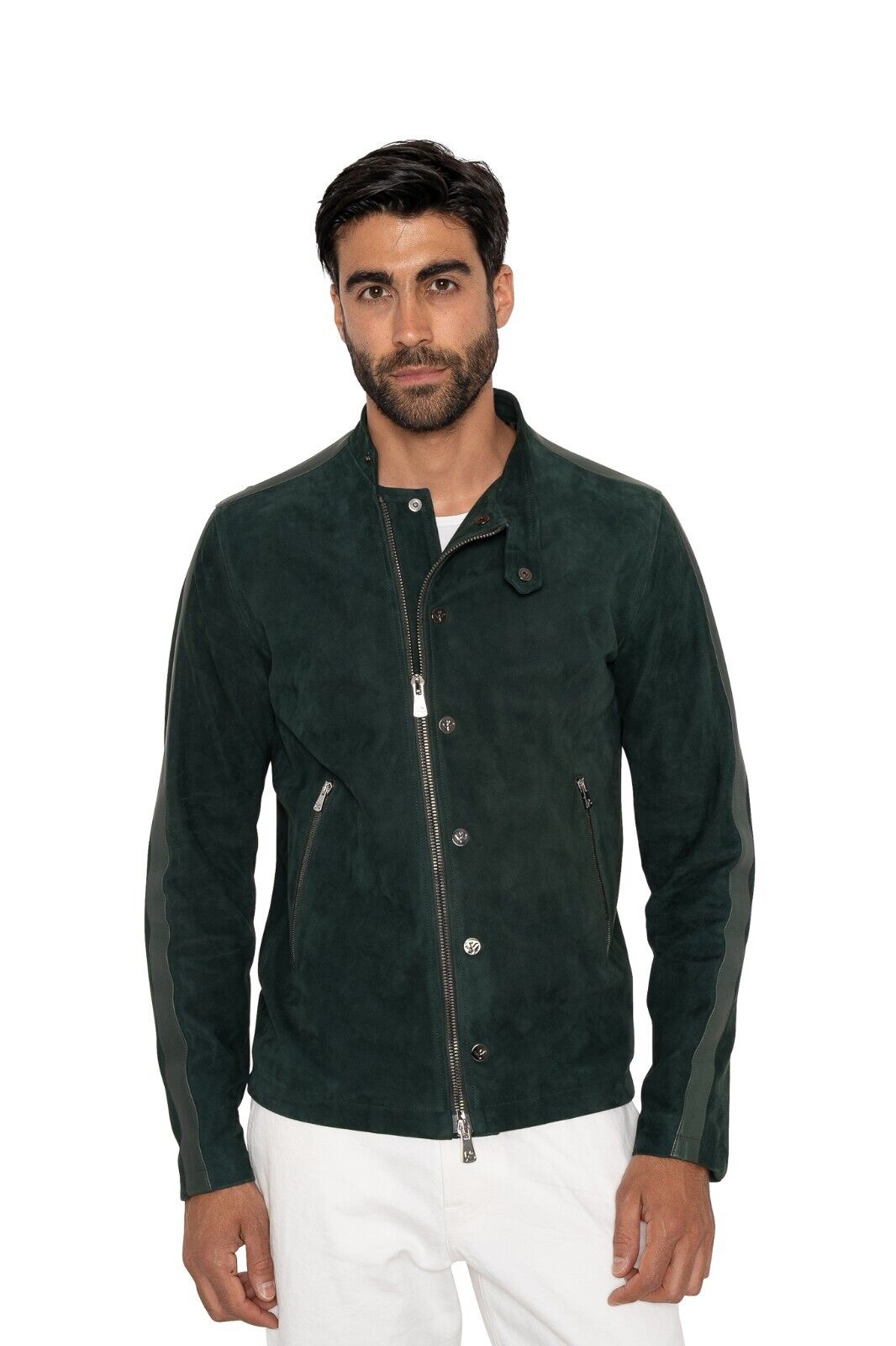 5500$ ISAIA Dark Green Moto Jacket leather 100% Lambskin Size 38 US / 48 EU