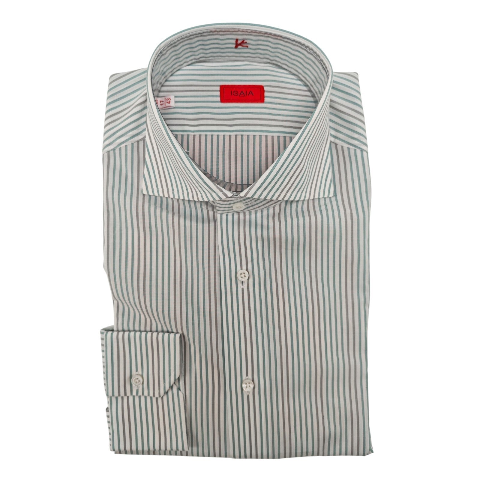 730$ ISAIA NAPOLI "Mix" Dress Shirt White - Mint Striped Fine Cotton 17 - 43