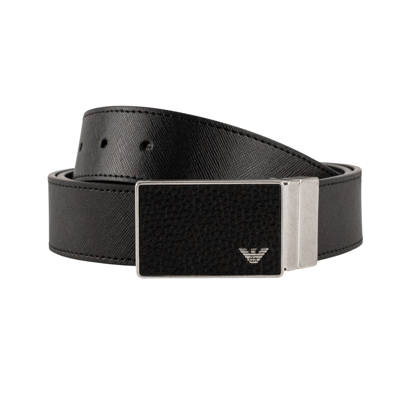 420$ GIORGIO ARMANI Belt Black Saffiano Leather Inset Plaque Buckle Size 110