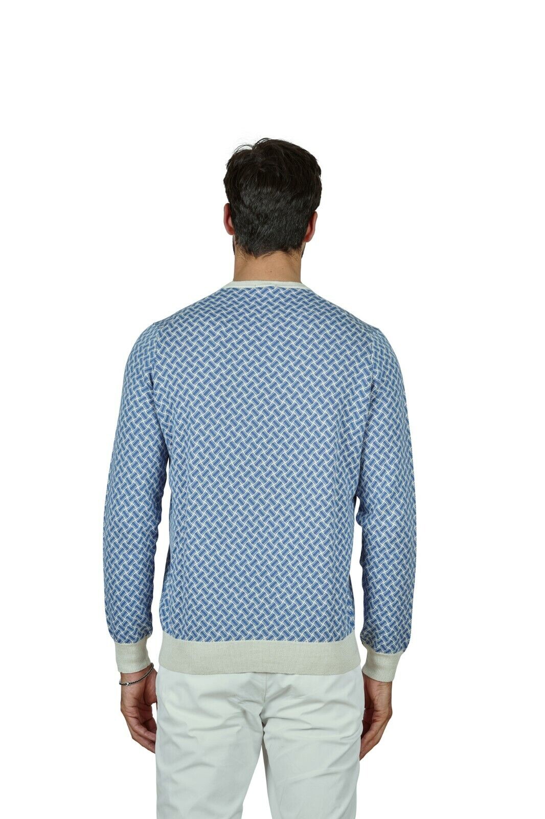 290$ Italian Luxury DRUMOHR Summer Sweater Cotton & Linen "Razor Blade" Blue