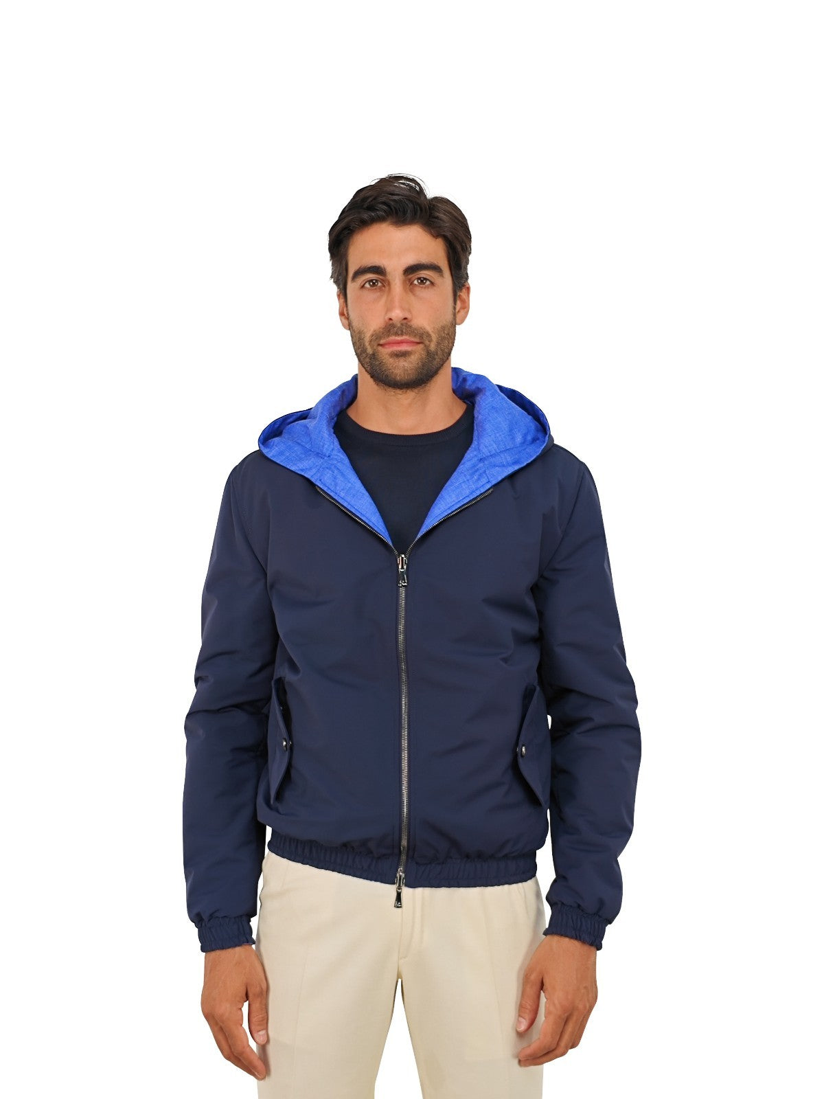$3400 ISAIA NAPOLI Blue Reversible Hooded Bomber Jacket Wool Blend 40 US 50 EU