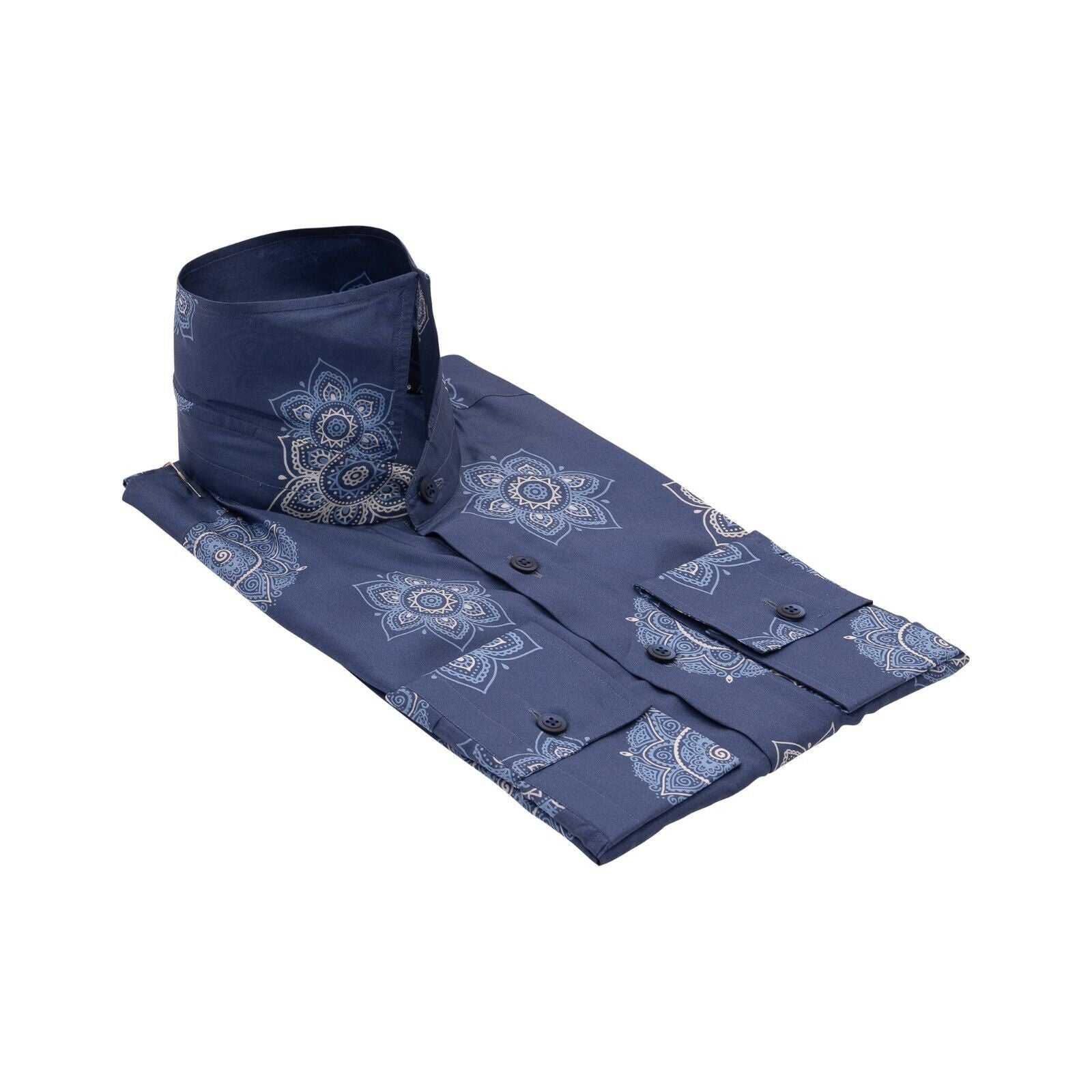 1400$ LUXURY MAROL BOLOGNA Floral Shirt Blue 100% COMO SILK Satin 15.5 - 39